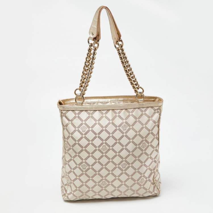 Pre Owned Versace Gold Monogram Fabric and Leather Medusa Chain Tote