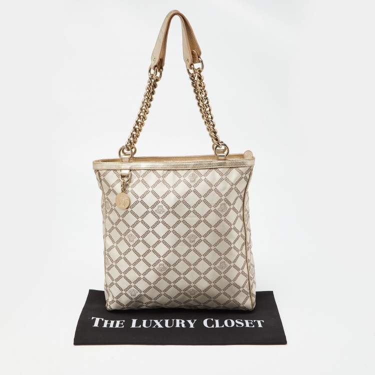 Pre Owned Versace Gold Monogram Fabric and Leather Medusa Chain Tote