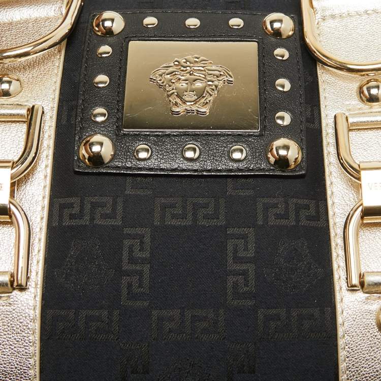 Pre Owned Versace Black/Gold Signature Fabric and Leather Studded Snap Out Of It Satchel