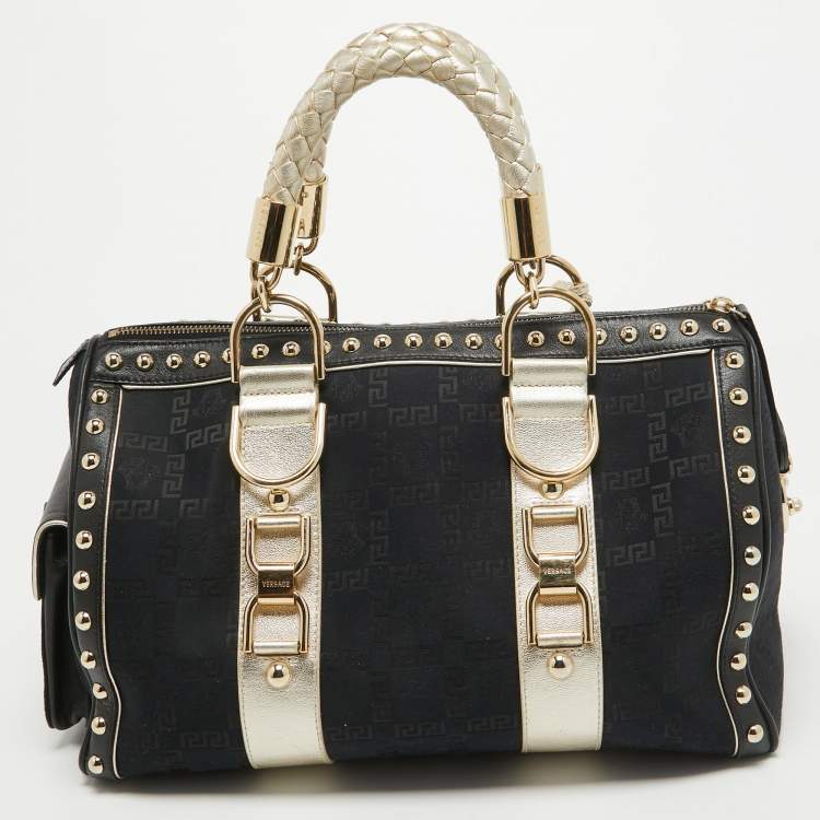 Pre Owned Versace Black/Gold Signature Fabric and Leather Studded Snap Out Of It Satchel