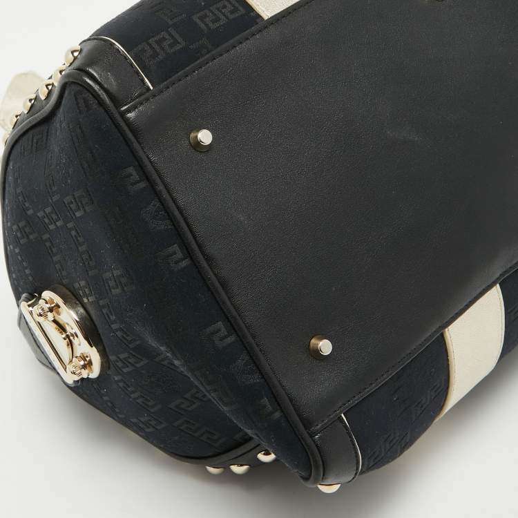 Pre Owned Versace Black/Gold Signature Fabric and Leather Studded Snap Out Of It Satchel