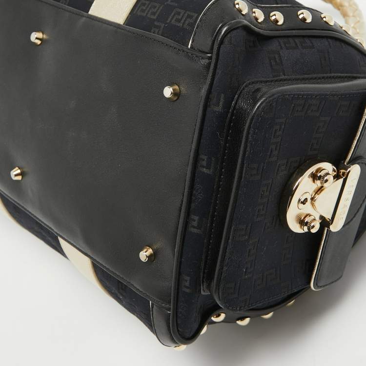 Pre Owned Versace Black/Gold Signature Fabric and Leather Studded Snap Out Of It Satchel