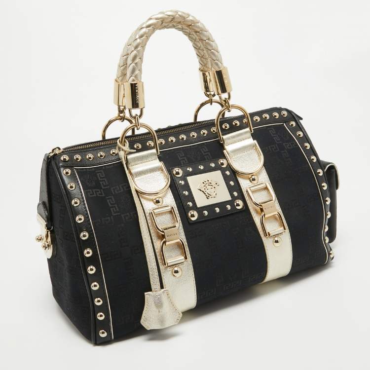 Pre Owned Versace Black/Gold Signature Fabric and Leather Studded Snap Out Of It Satchel