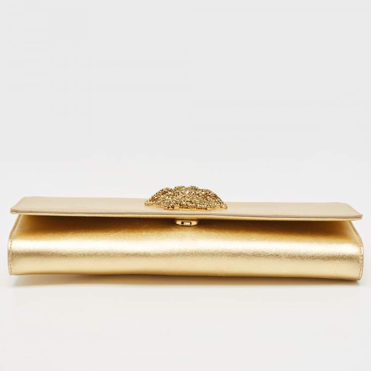 Pre Owned Versace Gold Leather Medusa Icon Crystals Chain Clutch