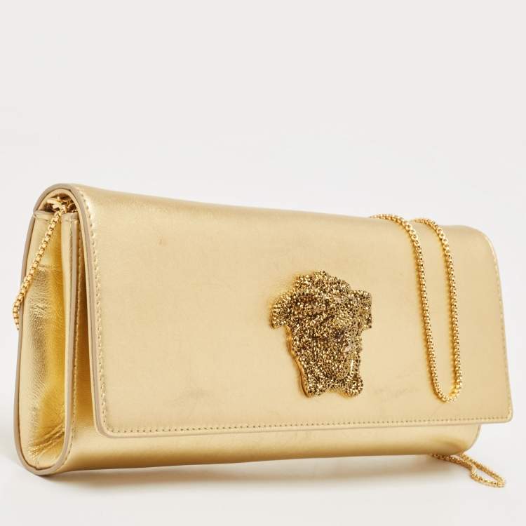 Pre Owned Versace Gold Leather Medusa Icon Crystals Chain Clutch