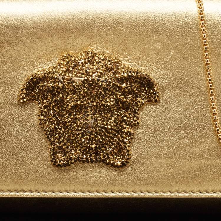 Pre Owned Versace Gold Leather Medusa Icon Crystals Chain Clutch
