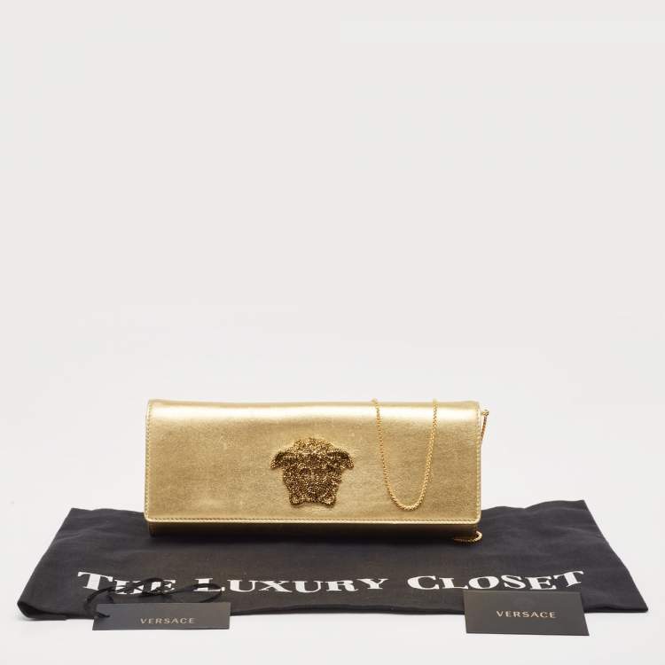 Pre Owned Versace Gold Leather Medusa Icon Crystals Chain Clutch