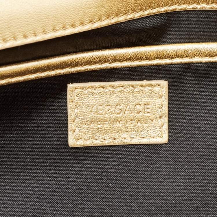 Pre Owned Versace Gold Leather Medusa Icon Crystals Chain Clutch