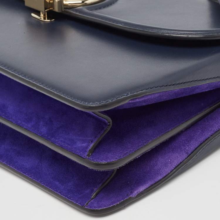 Pre Owned Versace Navy Blue Leather and Suede DV One Top Handle Bag