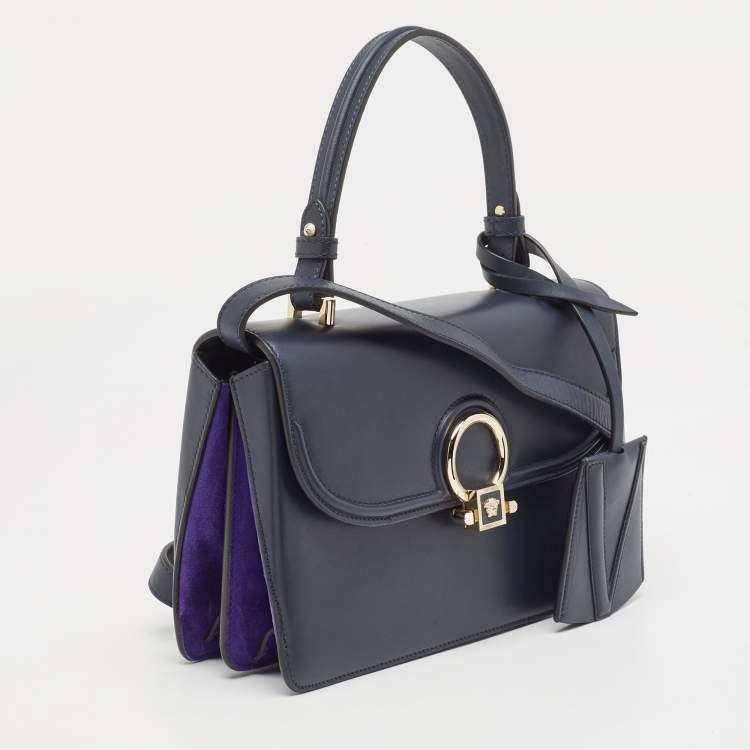 Pre Owned Versace Navy Blue Leather and Suede DV One Top Handle Bag
