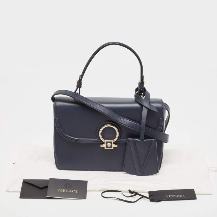 Pre Owned Versace Navy Blue Leather and Suede DV One Top Handle Bag