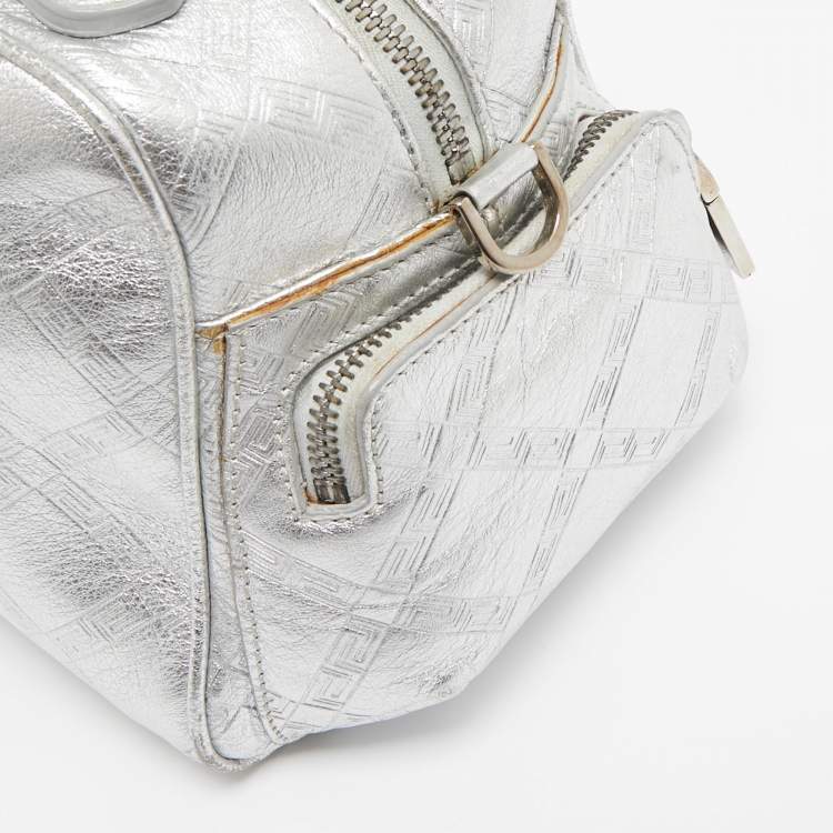 Pre Owned Versace Silver Monogram Embossed Leather Multi Pocket Medusa Satchel