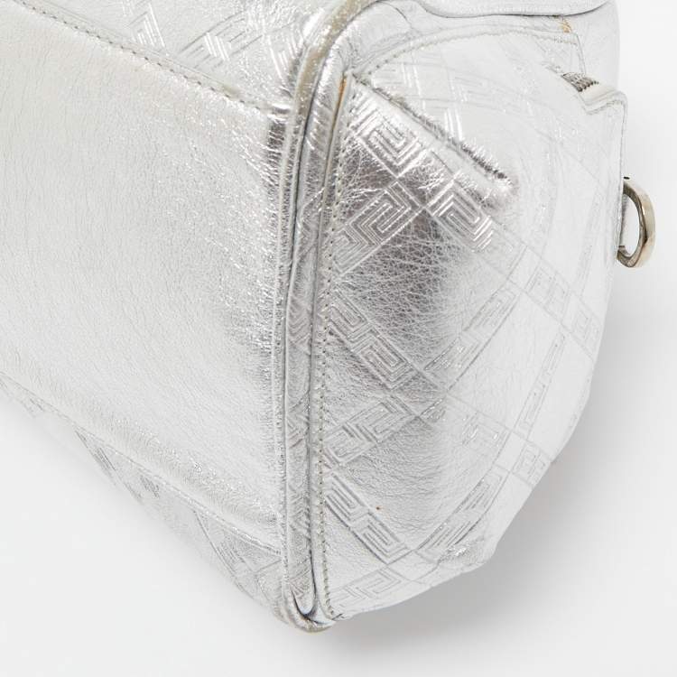 Pre Owned Versace Silver Monogram Embossed Leather Multi Pocket Medusa Satchel