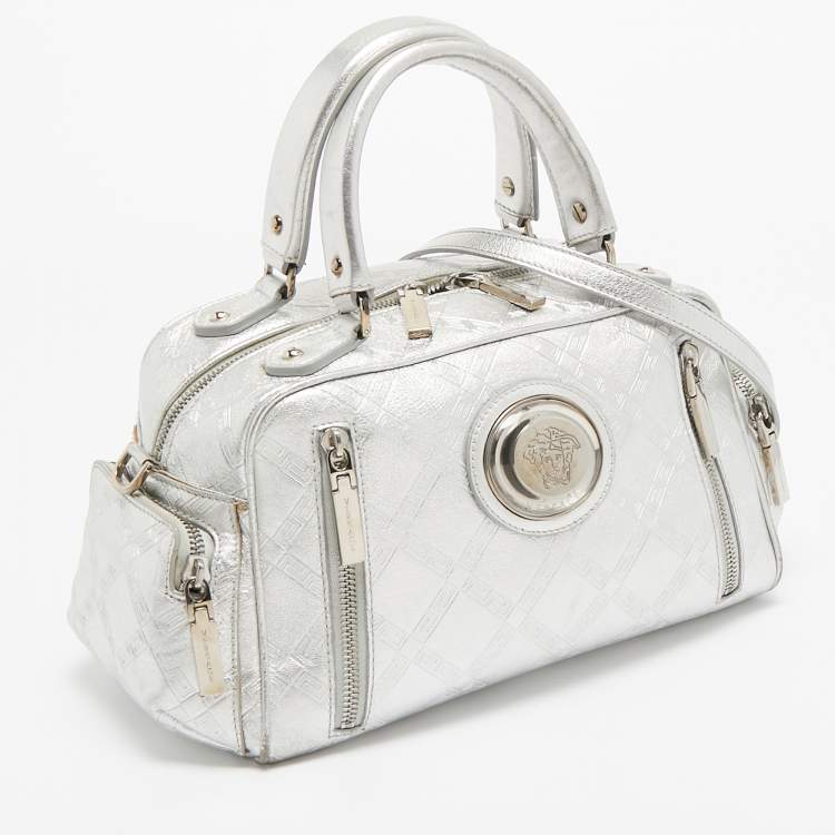 Pre Owned Versace Silver Monogram Embossed Leather Multi Pocket Medusa Satchel