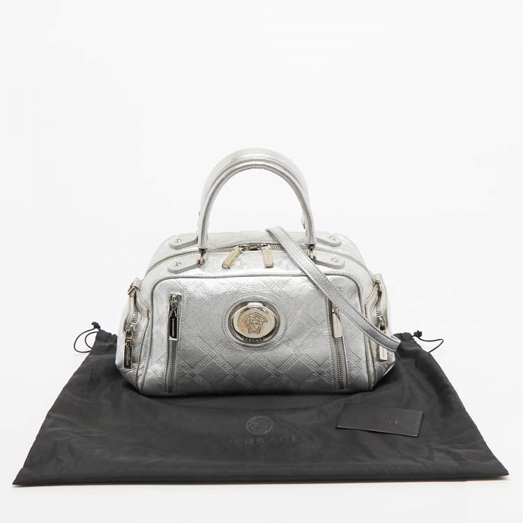 Pre Owned Versace Silver Monogram Embossed Leather Multi Pocket Medusa Satchel