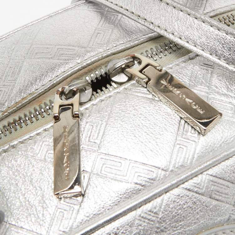 Pre Owned Versace Silver Monogram Embossed Leather Multi Pocket Medusa Satchel