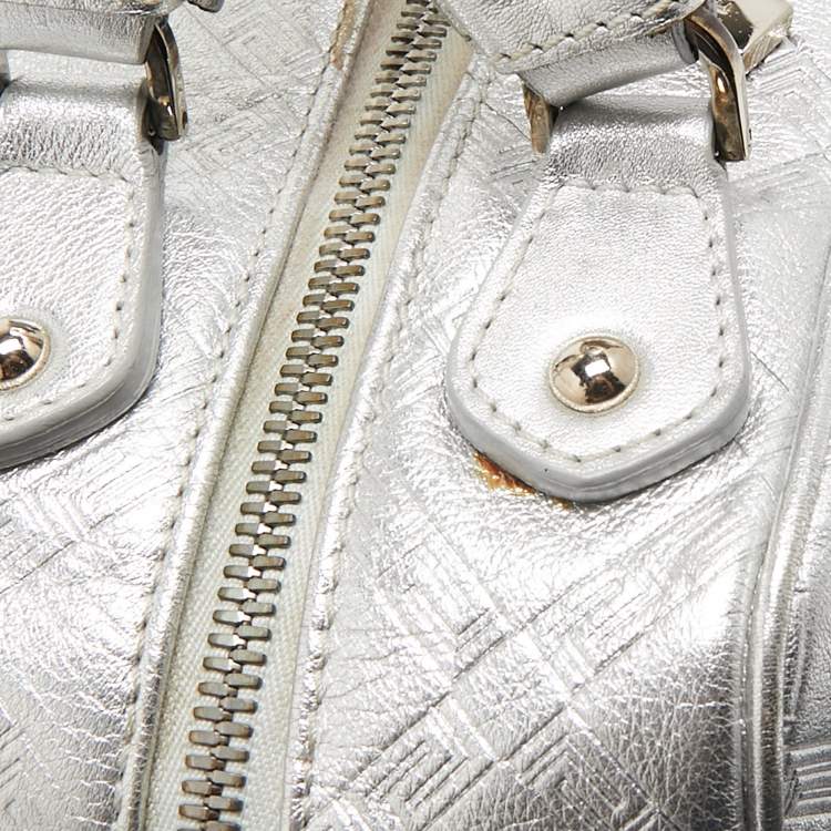Pre Owned Versace Silver Monogram Embossed Leather Multi Pocket Medusa Satchel