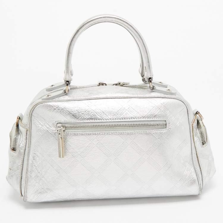 Pre Owned Versace Silver Monogram Embossed Leather Multi Pocket Medusa Satchel