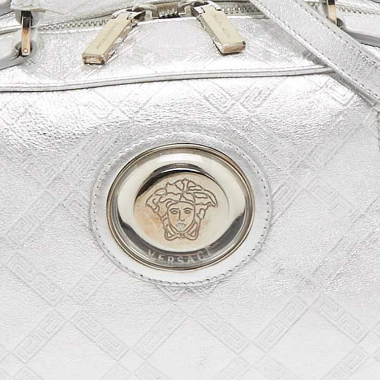 Pre Owned Versace Silver Monogram Embossed Leather Multi Pocket Medusa Satchel