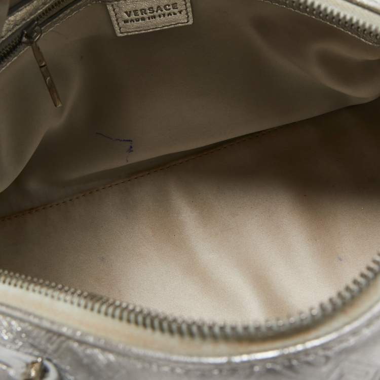Pre Owned Versace Silver Monogram Embossed Leather Multi Pocket Medusa Satchel