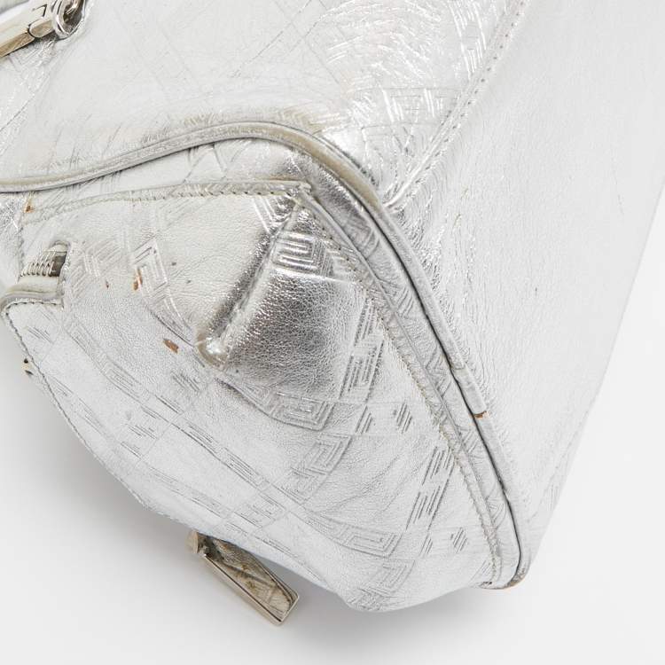 Pre Owned Versace Silver Monogram Embossed Leather Multi Pocket Medusa Satchel