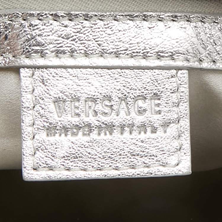 Pre Owned Versace Silver Monogram Embossed Leather Multi Pocket Medusa Satchel
