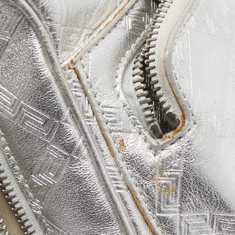 Pre Owned Versace Silver Monogram Embossed Leather Multi Pocket Medusa Satchel