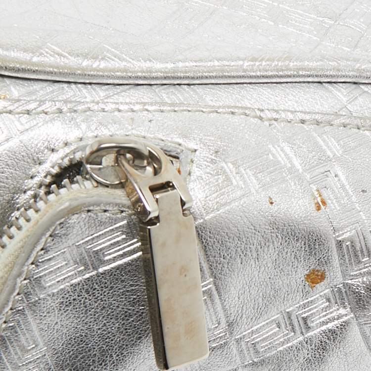 Pre Owned Versace Silver Monogram Embossed Leather Multi Pocket Medusa Satchel