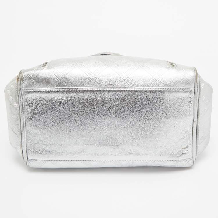 Pre Owned Versace Silver Monogram Embossed Leather Multi Pocket Medusa Satchel