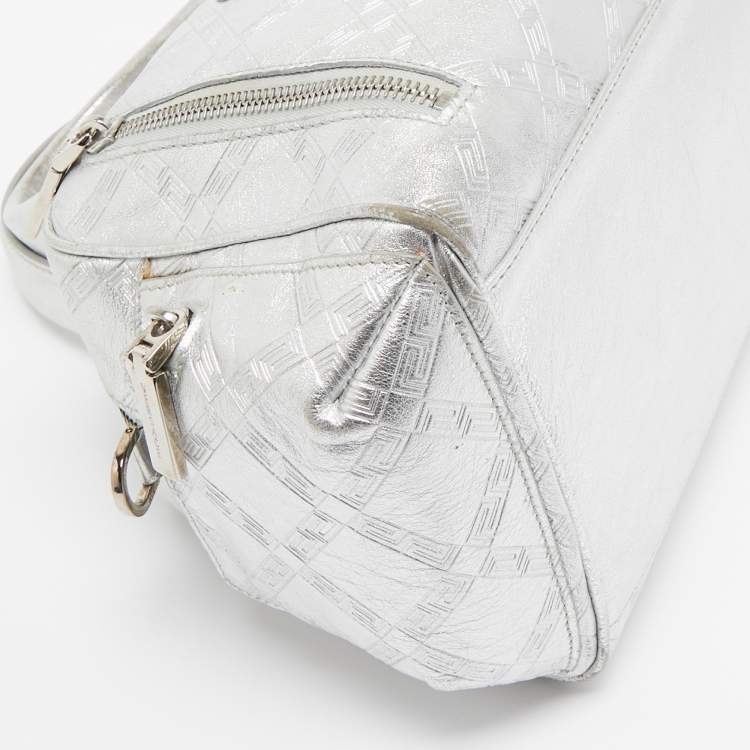 Pre Owned Versace Silver Monogram Embossed Leather Multi Pocket Medusa Satchel