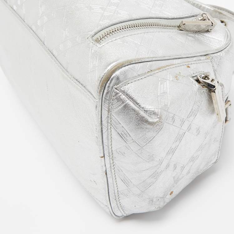 Pre Owned Versace Silver Monogram Embossed Leather Multi Pocket Medusa Satchel