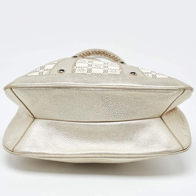 Pre Owned Versace Gold Monogram Fabric and Leather Medusa Flap Hobo