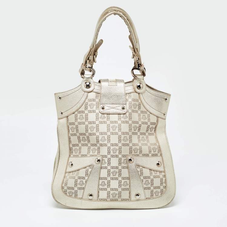 Pre Owned Versace Gold Monogram Fabric and Leather Medusa Flap Hobo