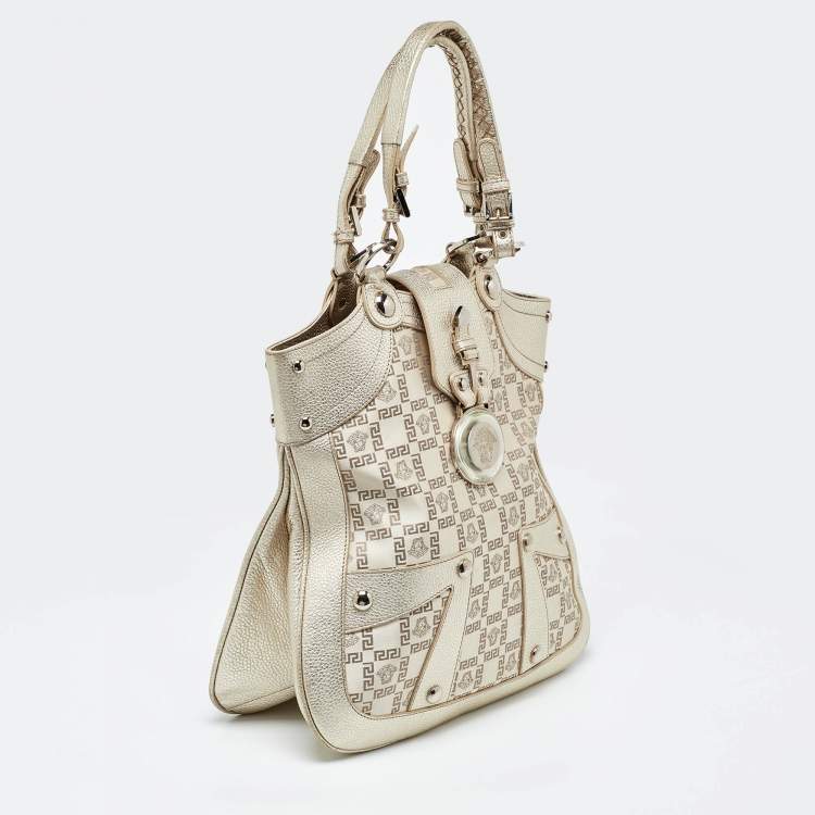 Pre Owned Versace Gold Monogram Fabric and Leather Medusa Flap Hobo