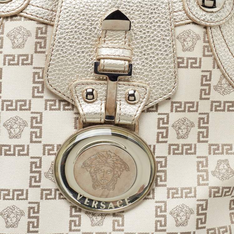 Pre Owned Versace Gold Monogram Fabric and Leather Medusa Flap Hobo