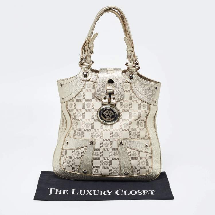 Pre Owned Versace Gold Monogram Fabric and Leather Medusa Flap Hobo
