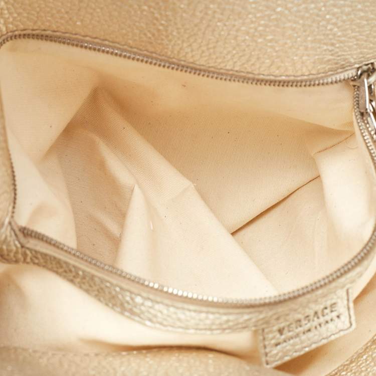 Pre Owned Versace Gold Monogram Fabric and Leather Medusa Flap Hobo