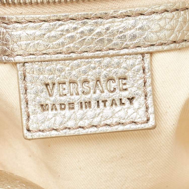 Pre Owned Versace Gold Monogram Fabric and Leather Medusa Flap Hobo