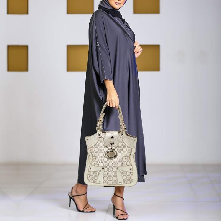 Pre Owned Versace Gold Monogram Fabric and Leather Medusa Flap Hobo