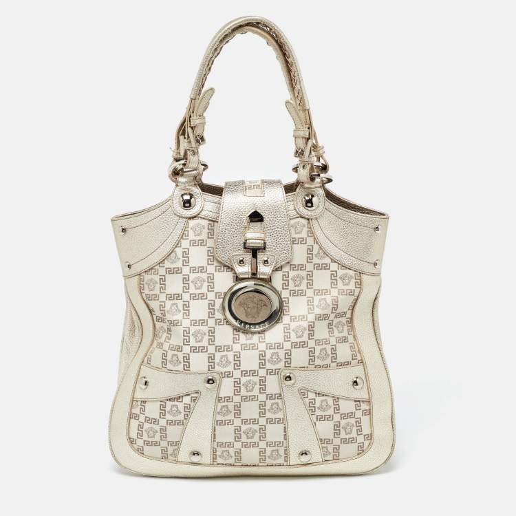 Pre Owned Versace Gold Monogram Fabric and Leather Medusa Flap Hobo