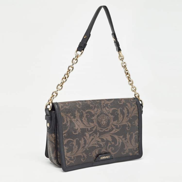 Pre Owned Versace Black/Brown Baroque Print Coated Canvas and Leather Flap Chain Bag