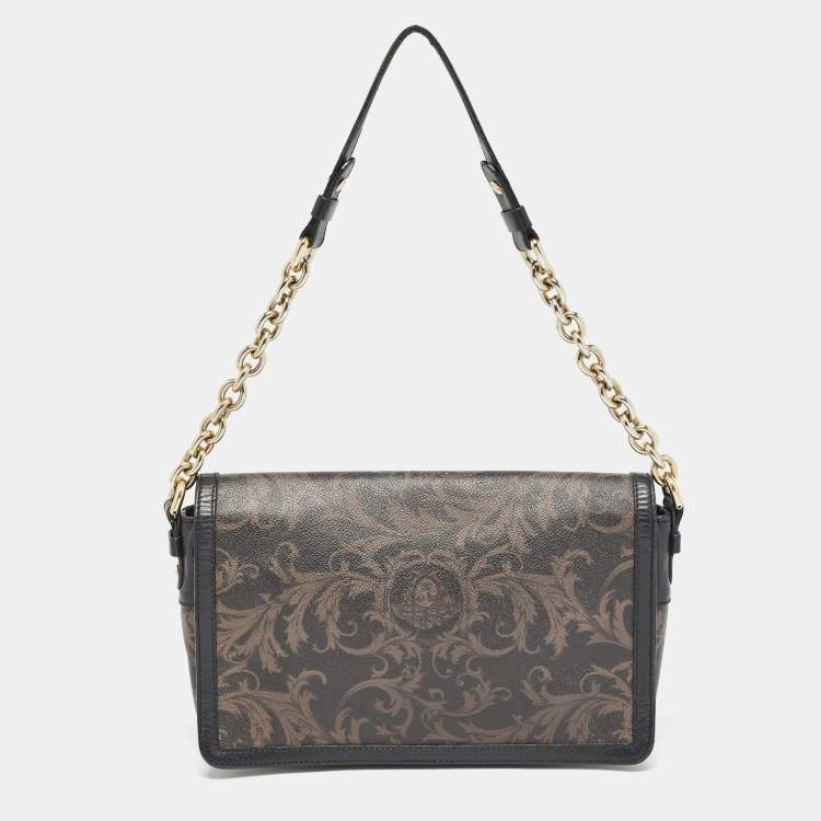 Pre Owned Versace Black/Brown Baroque Print Coated Canvas and Leather Flap Chain Bag