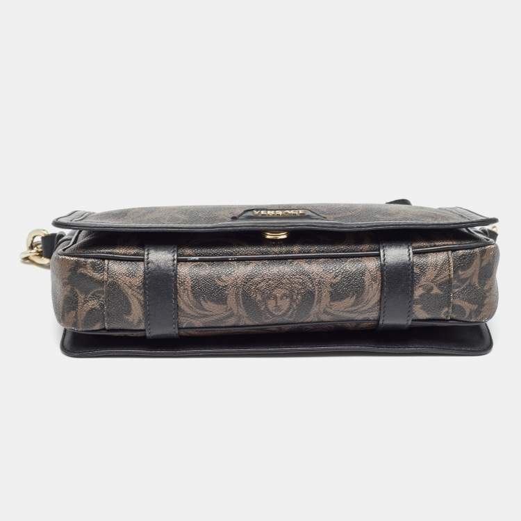 Pre Owned Versace Black/Brown Baroque Print Coated Canvas and Leather Flap Chain Bag