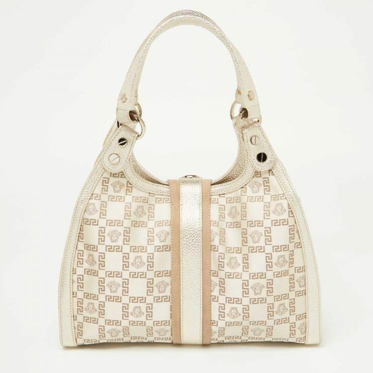 Pre Owned Versace Beige Metallic Gold Monogram Canvas, Leather and Suede Satchel