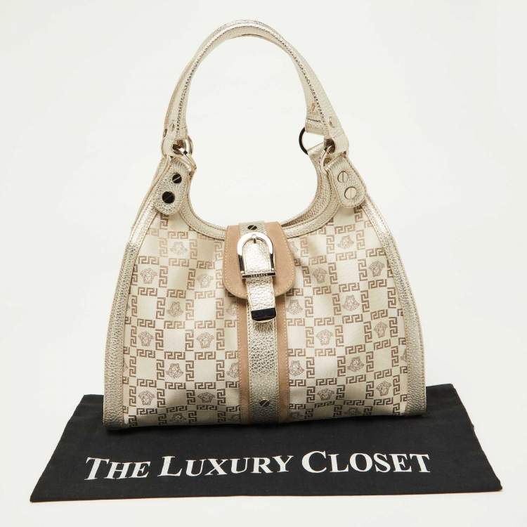 Pre Owned Versace Beige Metallic Gold Monogram Canvas, Leather and Suede Satchel