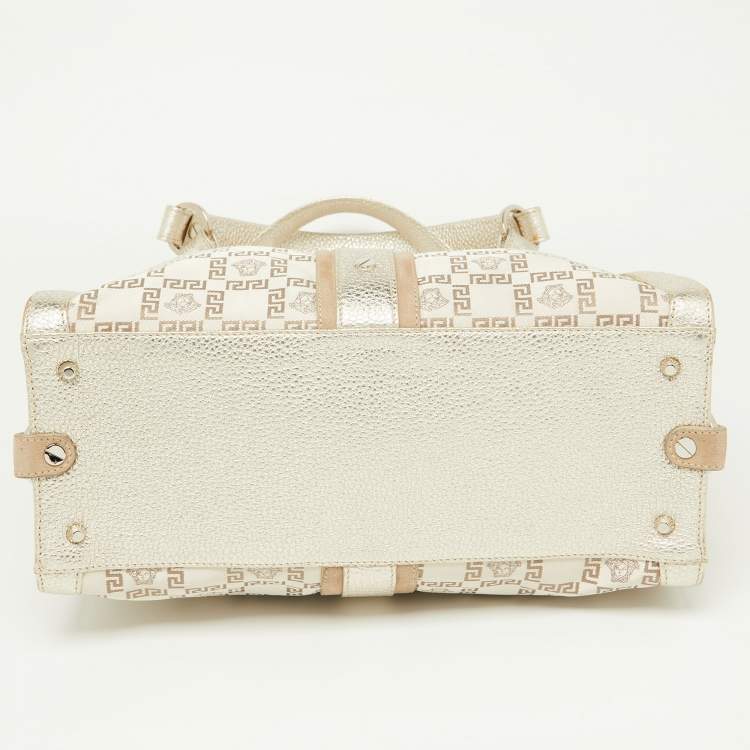 Pre Owned Versace Beige Metallic Gold Monogram Canvas, Leather and Suede Satchel