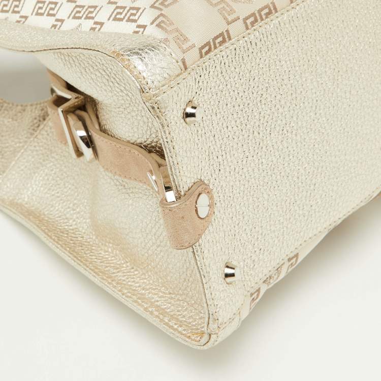 Pre Owned Versace Beige Metallic Gold Monogram Canvas, Leather and Suede Satchel