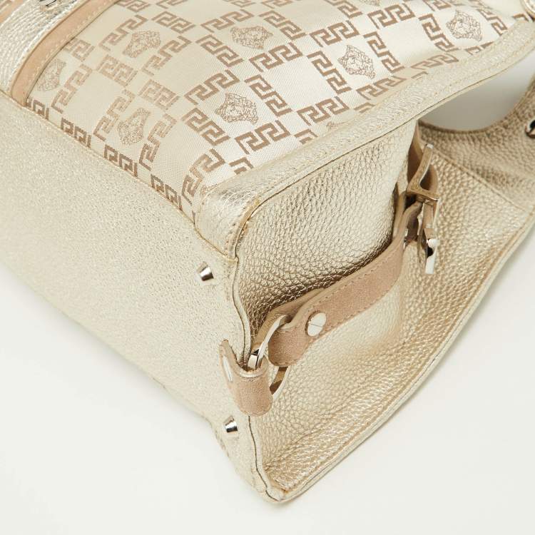 Pre Owned Versace Beige Metallic Gold Monogram Canvas, Leather and Suede Satchel