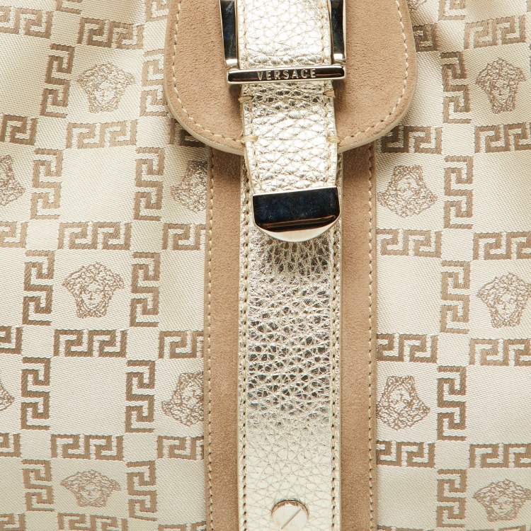Pre Owned Versace Beige Metallic Gold Monogram Canvas, Leather and Suede Satchel