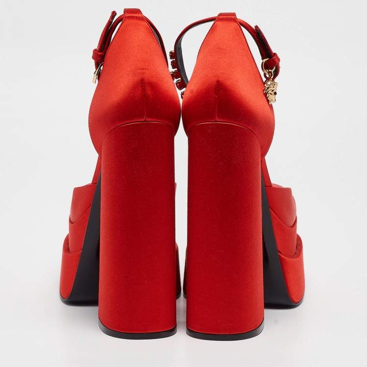 Pre Owned Versace Red Satin Platform Ankle Strap Sandals Size 39.5